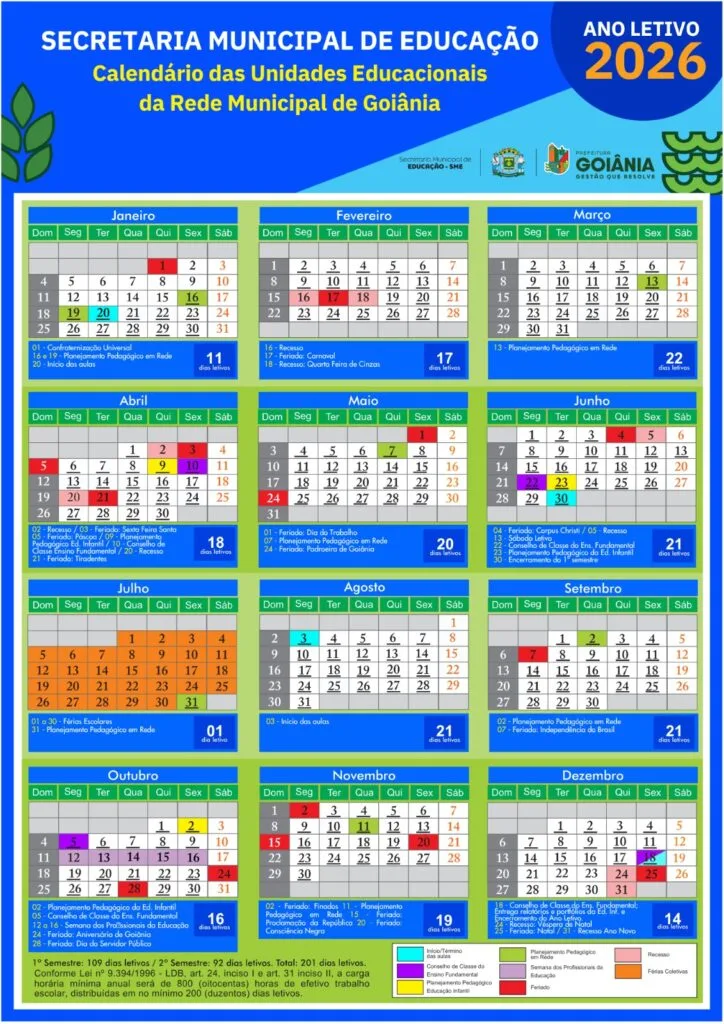 Prefeitura de Goiânia divulga calendário letivo para 2026 da Rede Municipal de Educação