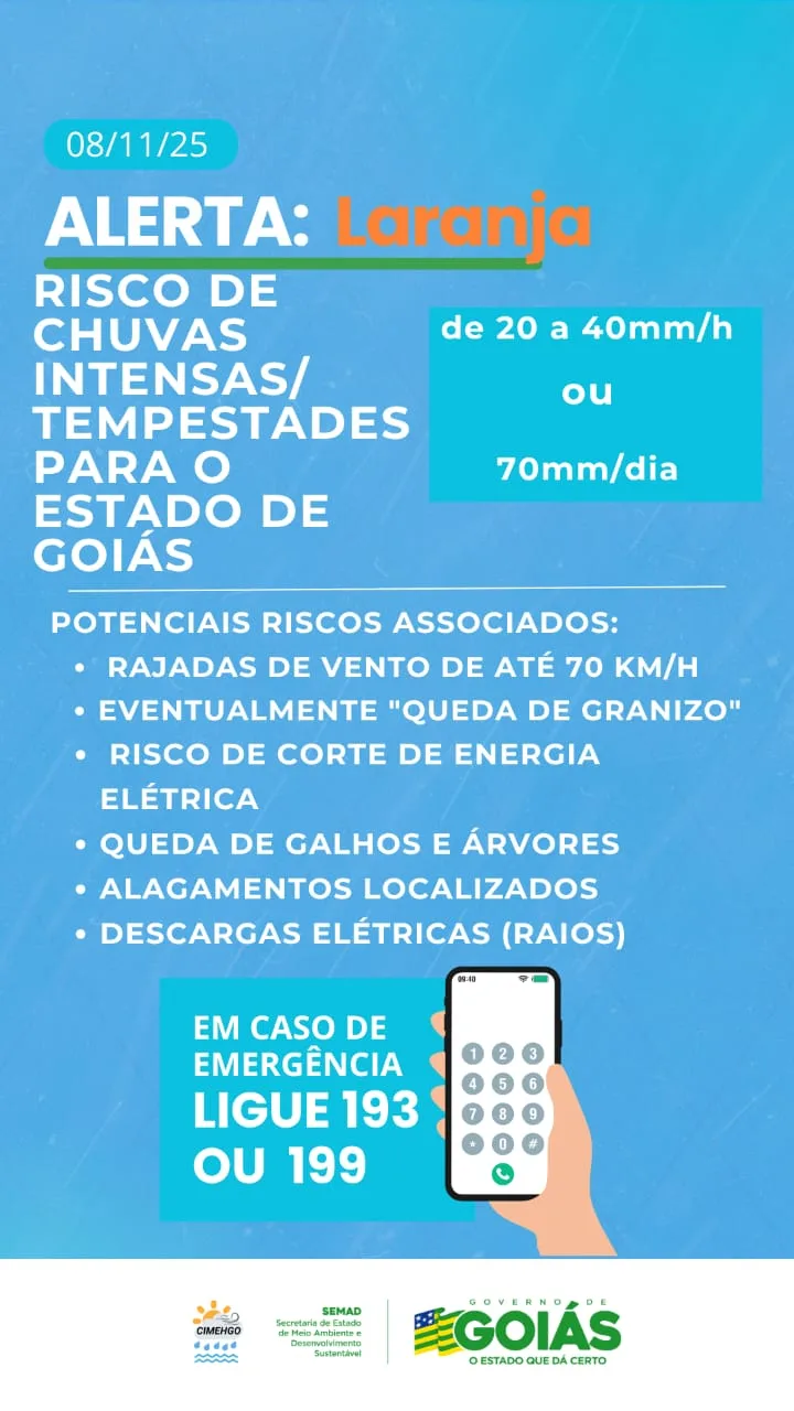 Risco de tempestades severas e granizo acende alerta laranja em Goiás