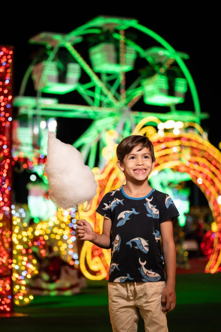 Garotinho em frente à roda-gigante do Natal do Bem