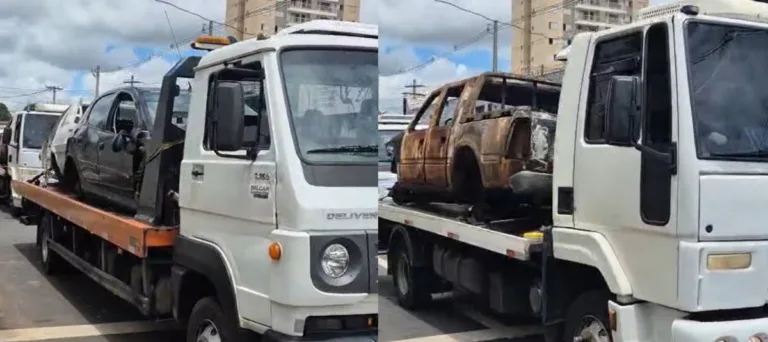 Patrulha Detran recolhe carcaças e veículos abandonados em Goiânia - Carcaça de veículos em caminhão do Detran