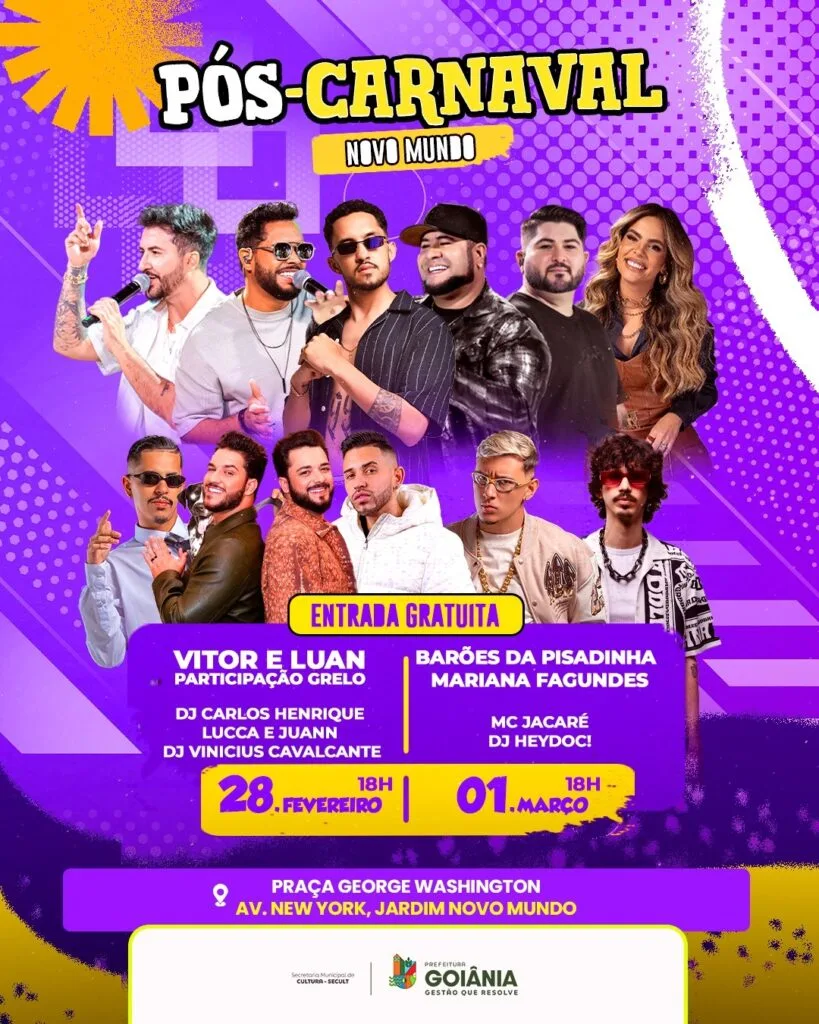 Pós-Carnaval leva shows gratuitos ao Jardim Novo Mundo e setor São Judas Tadeu