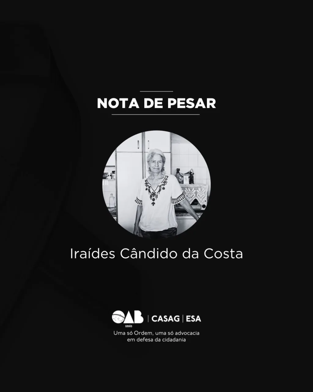 OAB-GO lamenta o falecimento de Iraídes Cândido da Costa