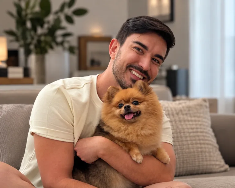 Foto: Desenvolvedor Rafael Batista com a sua pet, inspiração para o Xodó.